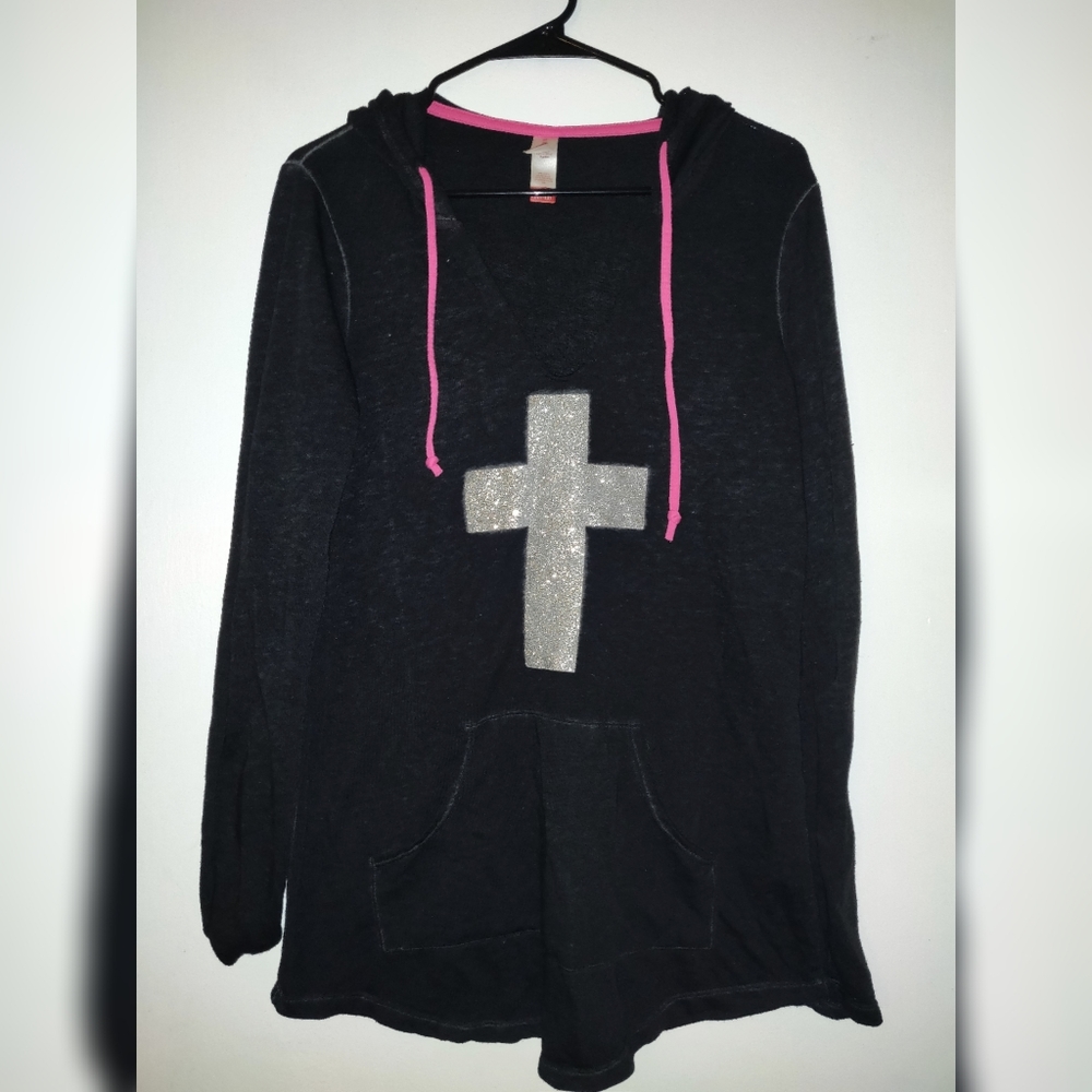 Soft Reflective Glitter Cross Long Sleeve Hoodie